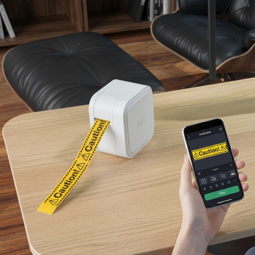 Brother P-touch Cube printing yellow caution tape labeled with Caution! Caution!