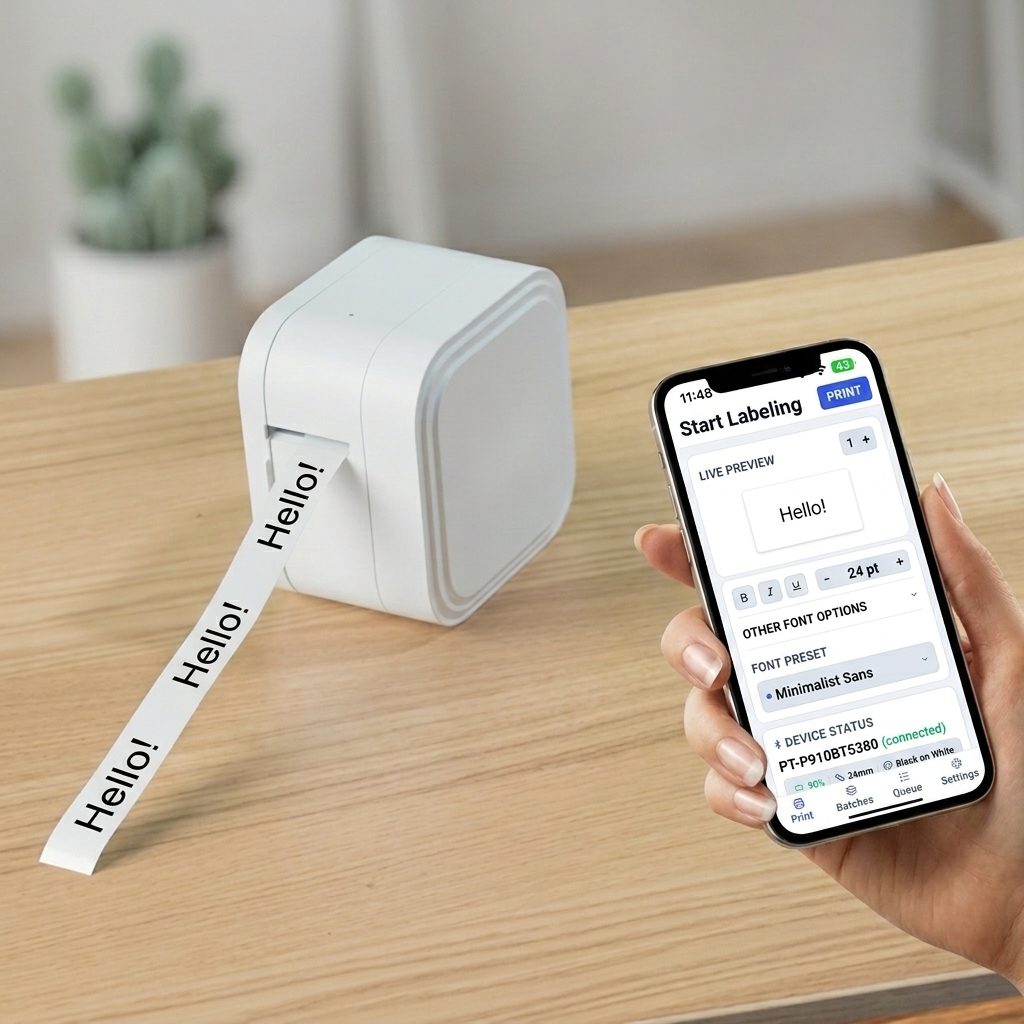 Brother P-touch Cube PT-P910BT printing 'No Smoking' label next to a smartphone running the DashLabel app