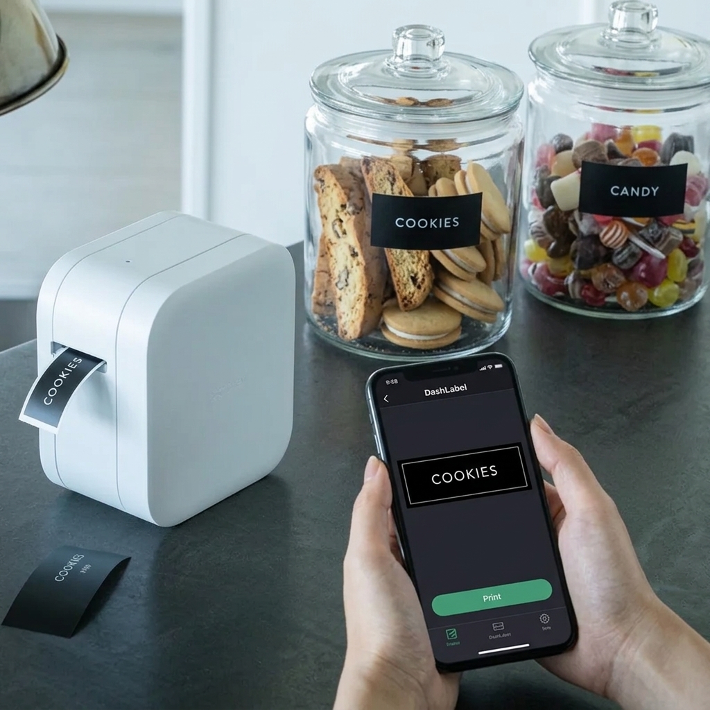Brother P-touch Cube next to cookie jars labeled with COOKIES
